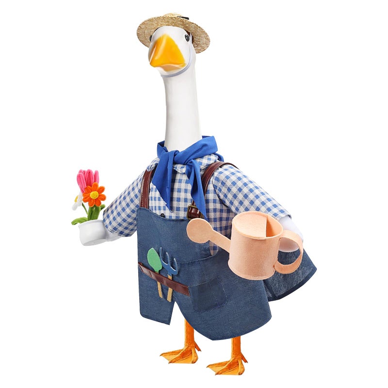 GJL Gardener Porch Goose Outfit Fits 23 Inch Cement Plastic Goose Statue 2Piece Porch Goose Clothes with Hat Tools Scarf Watering Can Flower Pot Design for Spring Summer Garden Yard Lawn Decor - Image 2