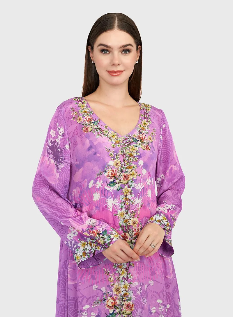 KASHKHA Violet Floral and Abstract Print Viscose Crepe Jalabiya (VDU852)
