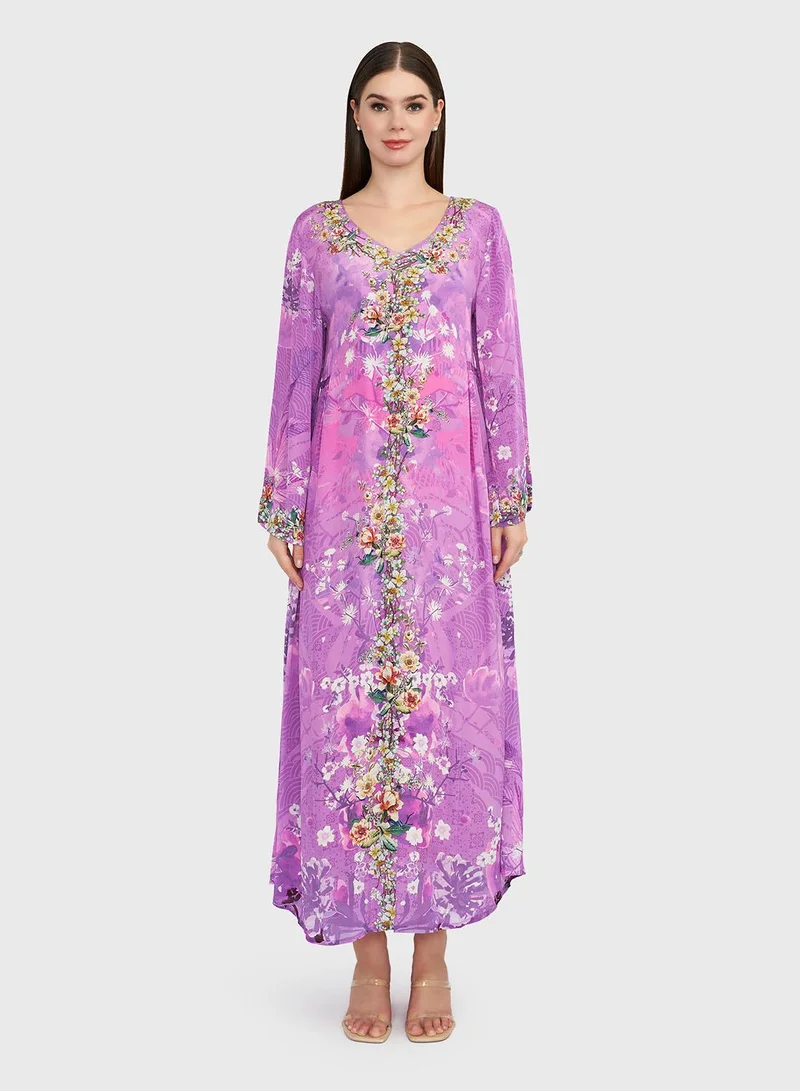 KASHKHA Violet Floral and Abstract Print Viscose Crepe Jalabiya (VDU852)