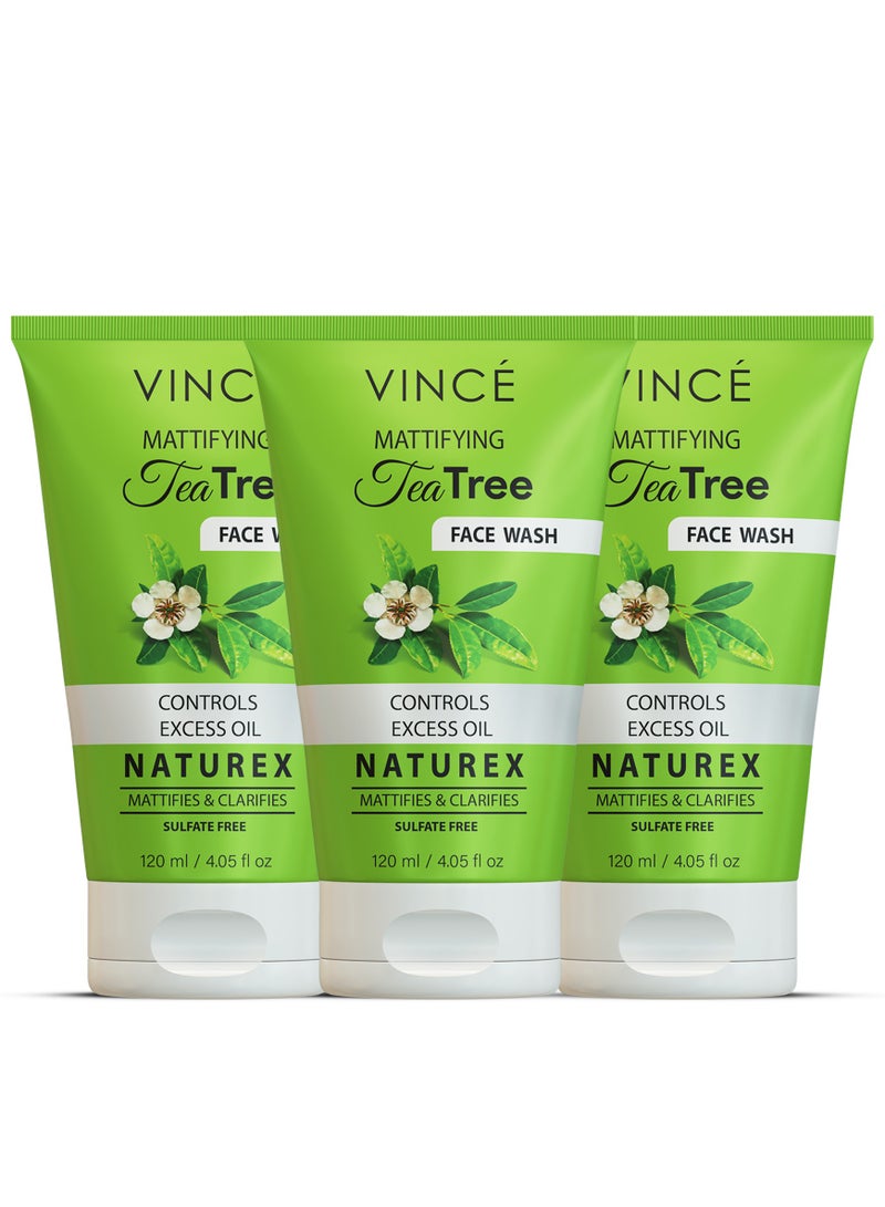 فينس غسول الوجه بشجرة الشاي - عبوة من 3 قطع - خصائص مضادة للبكتيريا - يزيل حب الشباب، ويتحكم في الزيوت، ويزيل العيوب - تنظيف عميق لبشرة منتعشة ومتوهجة - خالٍ من الكبريتات، 120 مل لكل عبوة