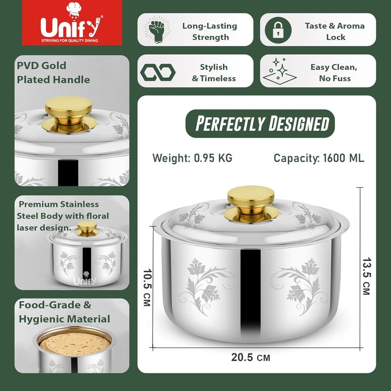 Unify وعاء ستيلو الفولاذ المقاوم للصدأ المعزول بسعة 1600 مل مع تصميم زهور ومقبض مطلي بالذهب PVD | خادم روتي بتشطيب لامع وصندوق شاباتي | خالي من BPA ومناسب للطعام | يحافظ على الطعام طازج (فضي) - Image 2