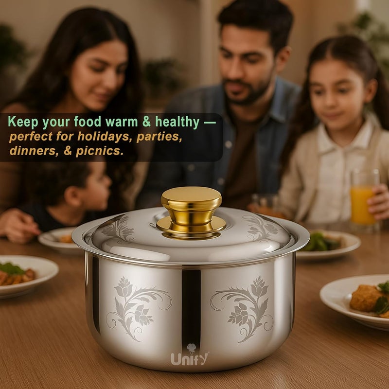 Unify وعاء ستيلو الفولاذ المقاوم للصدأ المعزول بسعة 1600 مل مع تصميم زهور ومقبض مطلي بالذهب PVD | خادم روتي بتشطيب لامع وصندوق شاباتي | خالي من BPA ومناسب للطعام | يحافظ على الطعام طازج (فضي) - Image 5