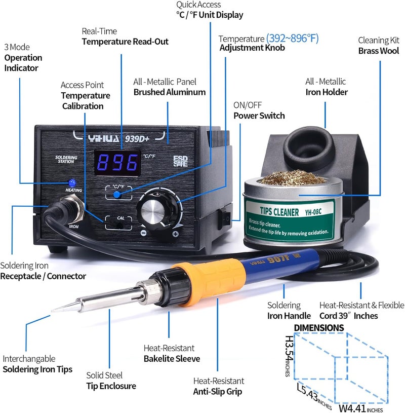 YIHUA 939D+ Digital Soldering Station with Precision Heat Control (392°F to 896°F) - Image 3