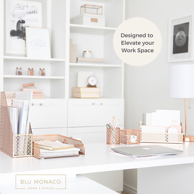 BLU MONACO | Rose Gold Desk Organizer Set | 6 Piece Metal Office Desk Organizer with Mail Sorter, Pen Cup, Sticky Note Holder, Magazine File, Card Holder, Paper Tray | Desk Organizers and Accessories - Image 2