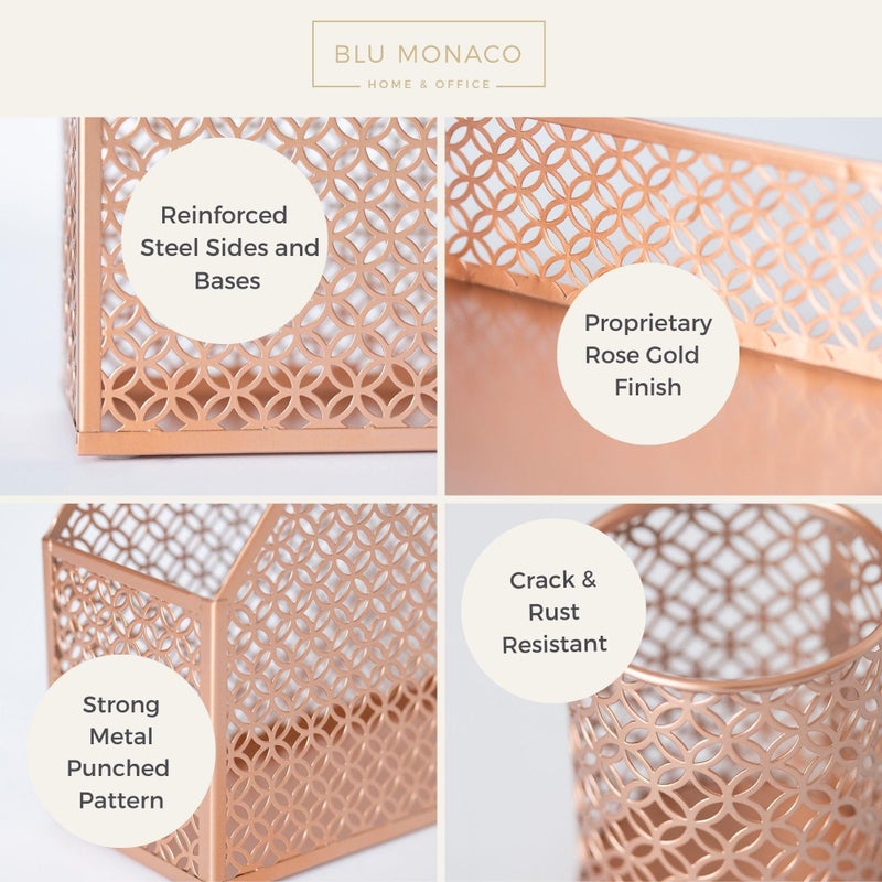 BLU MONACO | Rose Gold Desk Organizer Set | 6 Piece Metal Office Desk Organizer with Mail Sorter, Pen Cup, Sticky Note Holder, Magazine File, Card Holder, Paper Tray | Desk Organizers and Accessories - Image 3