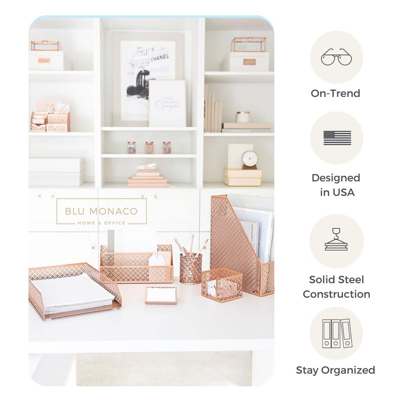 BLU MONACO | Rose Gold Desk Organizer Set | 6 Piece Metal Office Desk Organizer with Mail Sorter, Pen Cup, Sticky Note Holder, Magazine File, Card Holder, Paper Tray | Desk Organizers and Accessories - Image 4