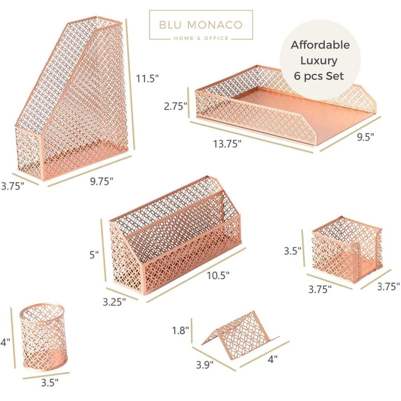 BLU MONACO | Rose Gold Desk Organizer Set | 6 Piece Metal Office Desk Organizer with Mail Sorter, Pen Cup, Sticky Note Holder, Magazine File, Card Holder, Paper Tray | Desk Organizers and Accessories - Image 5