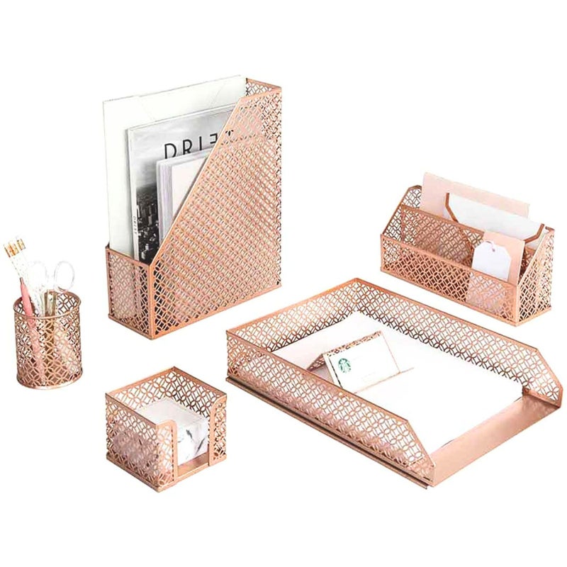 BLU MONACO | Rose Gold Desk Organizer Set | 6 Piece Metal Office Desk Organizer with Mail Sorter, Pen Cup, Sticky Note Holder, Magazine File, Card Holder, Paper Tray | Desk Organizers and Accessories - Image 1