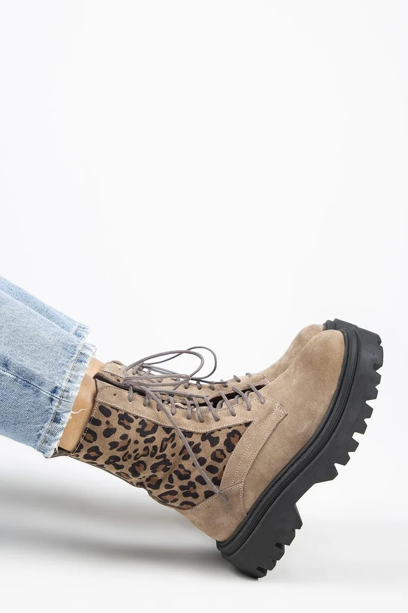 Manijero Manijero Diane Women's Genuine Leather Lace-up Mink-Leopard Boots
