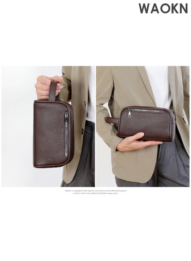 WAOKN Men's business cowhide handbag, portable large capacity wallet, with multi compartment handbag, multi-functional wallet with wristband handbag, convenient to carry waterproof leather fabric handbag, soft leather material design is fashionable and simple. - Image 2