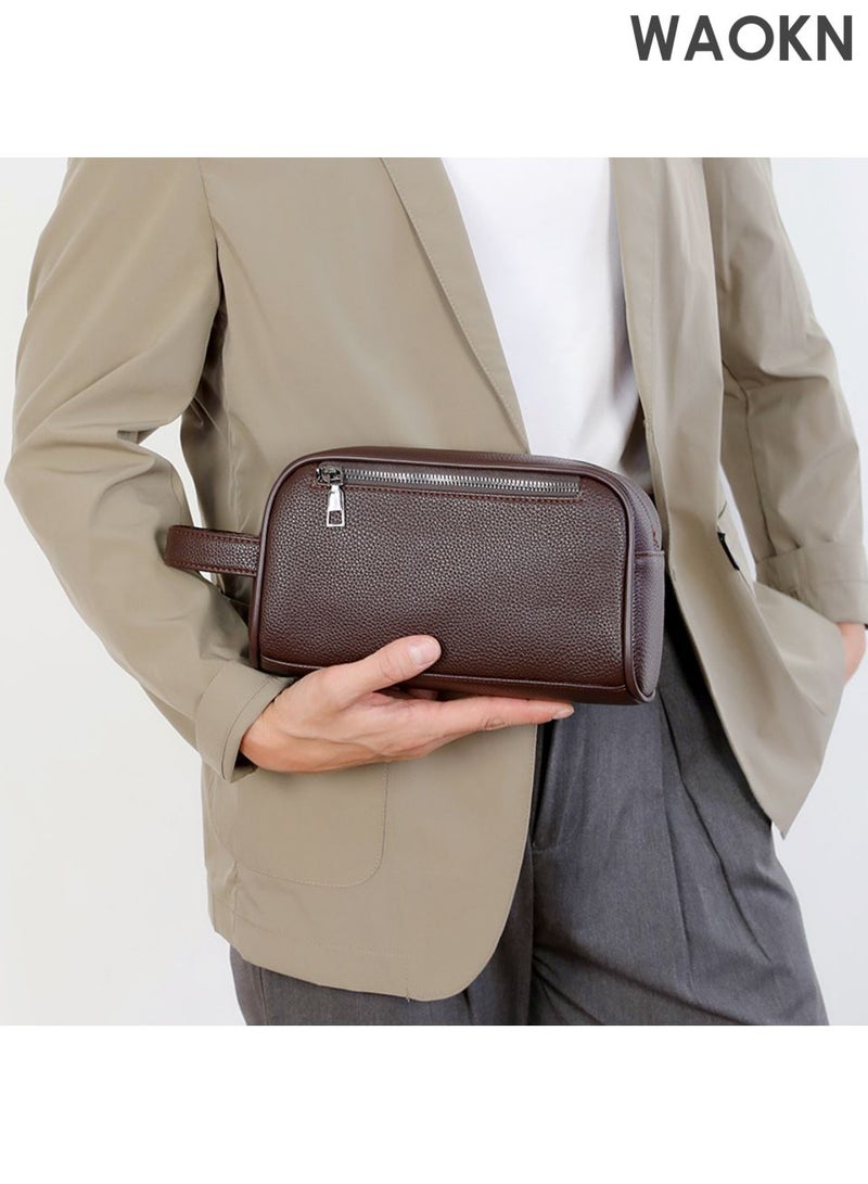 WAOKN Men's business cowhide handbag, portable large capacity wallet, with multi compartment handbag, multi-functional wallet with wristband handbag, convenient to carry waterproof leather fabric handbag, soft leather material design is fashionable and simple. - Image 4