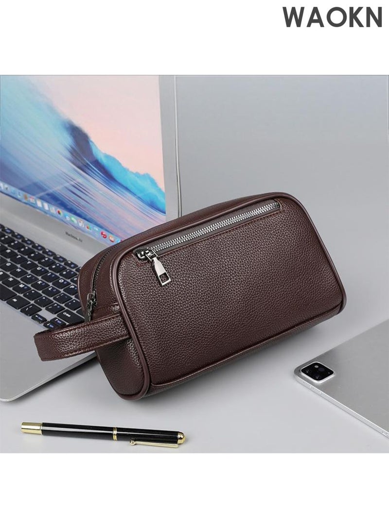 WAOKN Men's business cowhide handbag, portable large capacity wallet, with multi compartment handbag, multi-functional wallet with wristband handbag, convenient to carry waterproof leather fabric handbag, soft leather material design is fashionable and simple. - Image 3