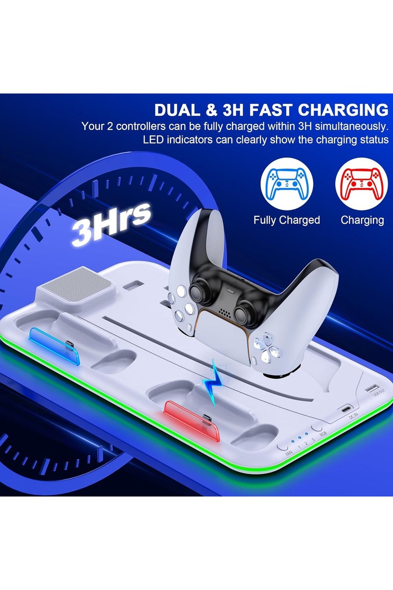 BEILINGDUN PS5 Pro/Slim/Ps5 Stand and Cooling Station with Controller Charging Station for Playsation 5 Disc Digital Consoles. LED Dock Cooler for Sony Playstation 5, Console Support Base, 3 Levels Cooling Fan,USB Hub, Headset Holder, Media Slot,Game Stand,PS5 Gaming Accessories Kit(White) - Image 3