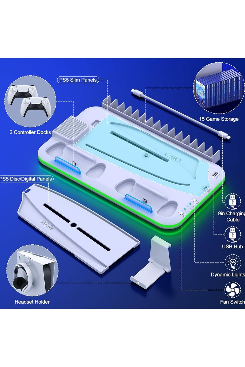 BEILINGDUN PS5 Pro/Slim/Ps5 Stand and Cooling Station with Controller Charging Station for Playsation 5 Disc Digital Consoles. LED Dock Cooler for Sony Playstation 5, Console Support Base, 3 Levels Cooling Fan,USB Hub, Headset Holder, Media Slot,Game Stand,PS5 Gaming Accessories Kit(White) - Image 4