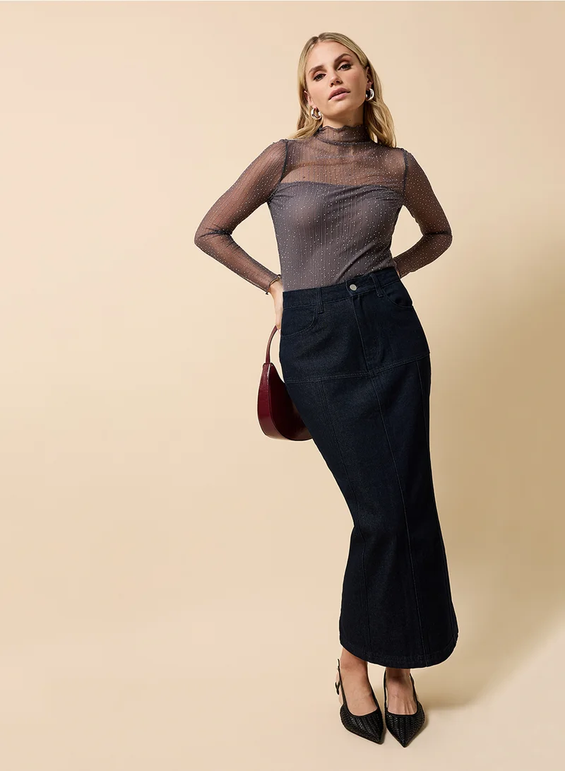 Little Mistress Mesh Detail Long Sleeve Top