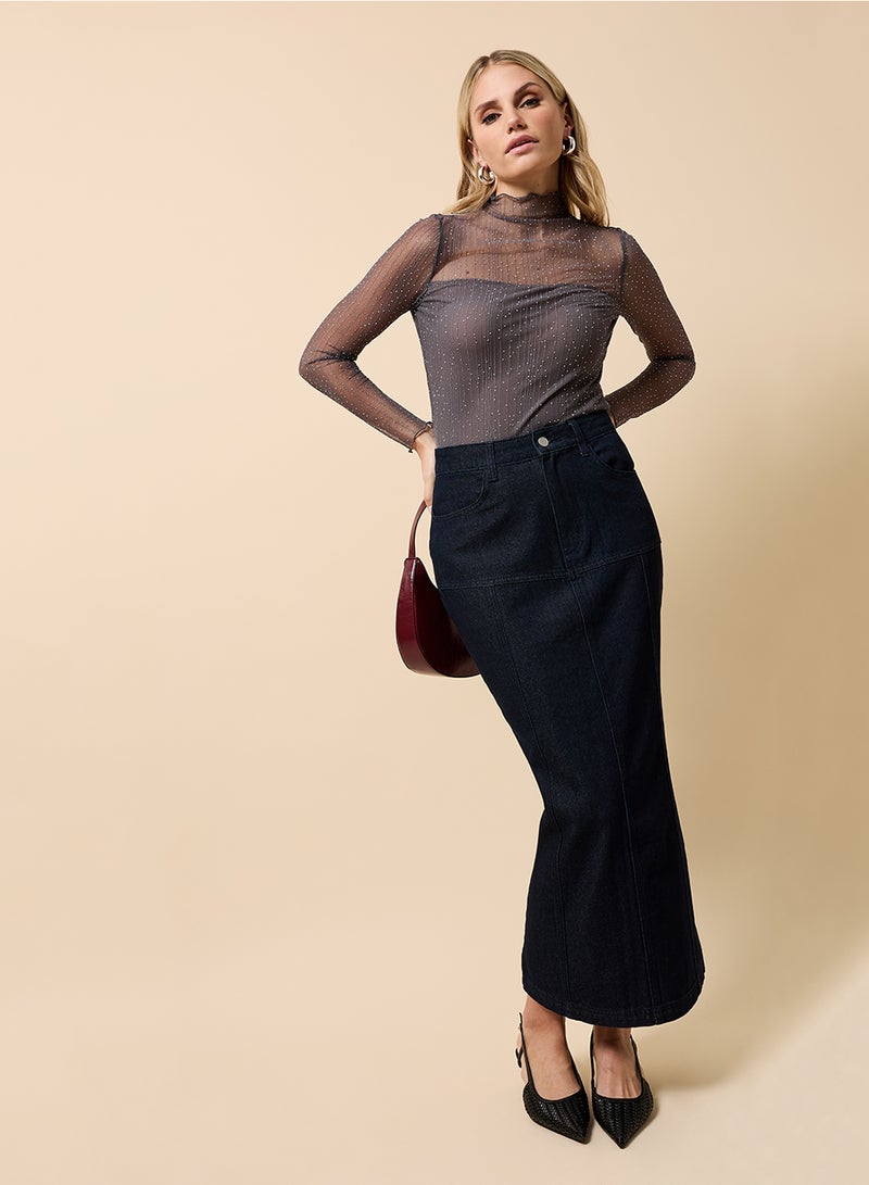 Little Mistress Mesh Detail Long Sleeve Top - Image 4