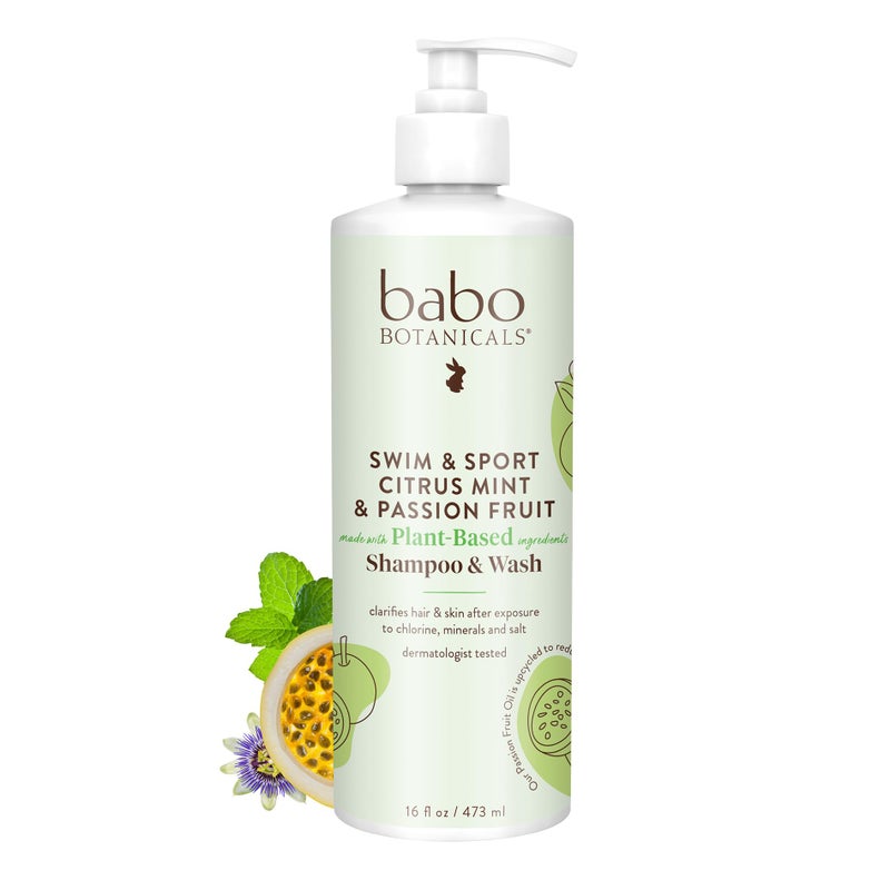 Babo Botanicals Swim & Sport Citrus Mint & Passion Fruit Shampoo & Wash - Purifying Cleanser for hair & body- Aloe & Green Tea - For all ages - Citrus and Peppermint Essential Oils scent - 16 Fl Oz - Image 1