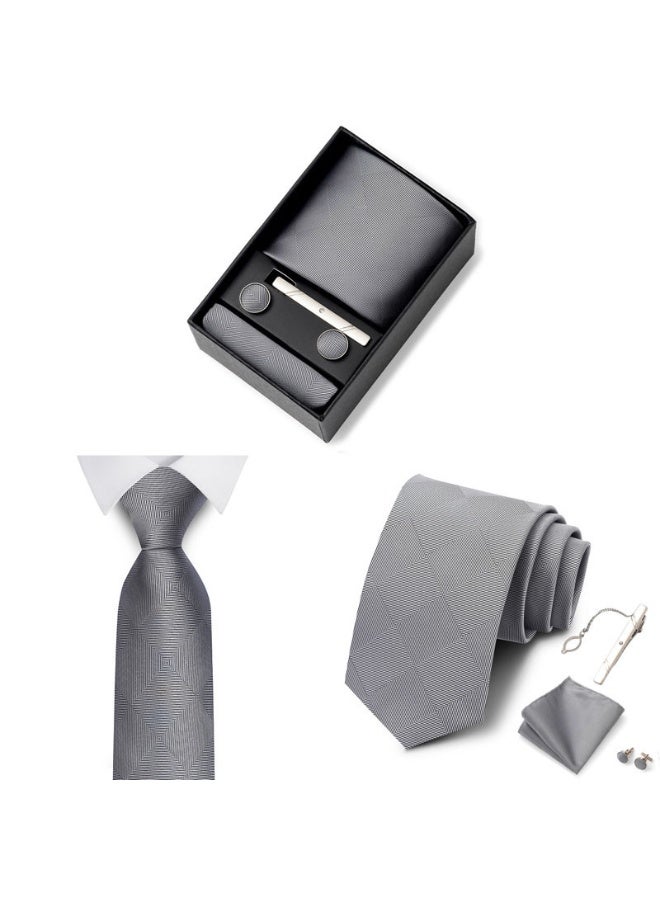 AuliceVerse Gifting Essential:Men's 5-in-1 Business Tie Gift Set （Grey） | 1200-Stitch High-Density Polyester Tie with Cufflinks, Pocket Square, Tie Clip & Luxury Box | Premium Wedding & Office Formal Accessories - Image 3