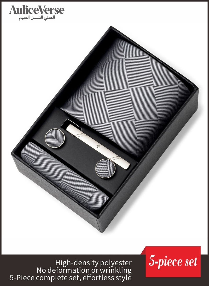 AuliceVerse Gifting Essential:Men's 5-in-1 Business Tie Gift Set （Grey） | 1200-Stitch High-Density Polyester Tie with Cufflinks, Pocket Square, Tie Clip & Luxury Box | Premium Wedding & Office Formal Accessories - Image 1