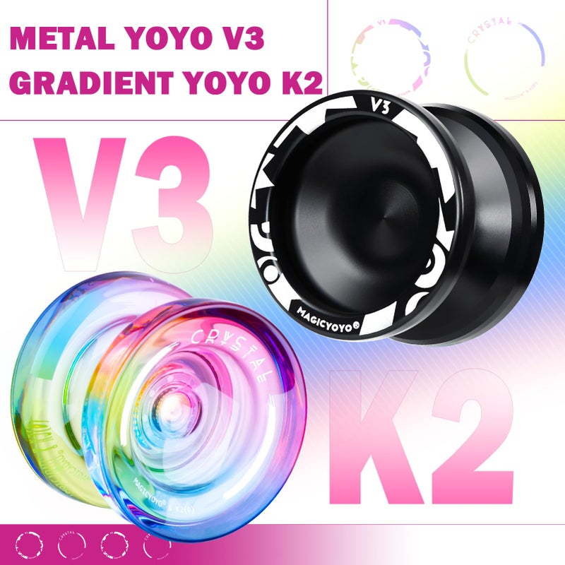 MAGICYOYO Reponsive Yoyos for Kids Beginners, Pro Yoyo 2 Pack Aluminum Yo yo V3 + Plastic Yo-yo K2 Crystal, Dual Yo-yos with 12 Yoyo Strings, Case Bag, Yo-Yo Accessory Kit (V3 Black + K2 Gradient) - Image 2
