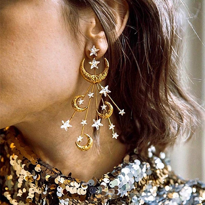 ACC PLANET - Star Moon Earrings Made Crystal Gold Plated Crescent Moon Stars Drop Dangle Earrings Chunky Statement Star Earrings for Women Trendy Jewelry Gift - Image 4
