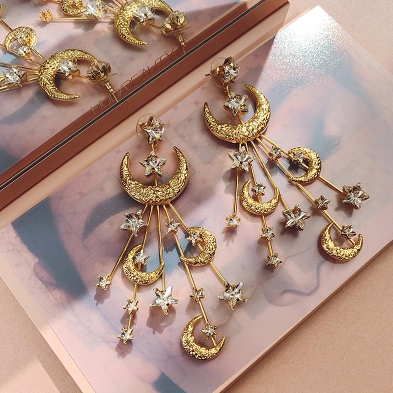ACC PLANET - Star Moon Earrings Made Crystal Gold Plated Crescent Moon Stars Drop Dangle Earrings Chunky Statement Star Earrings for Women Trendy Jewelry Gift - Image 5