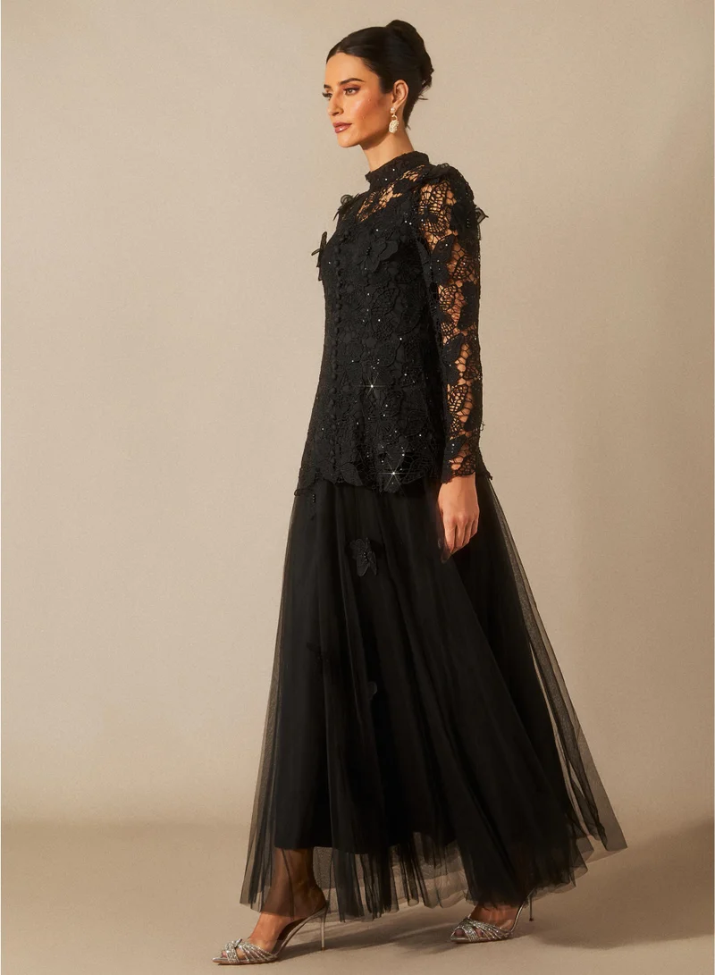 Sunfere Black Elizabeth Butterfly Embroidered Lace Maxi Dress for Women | Best Price UAE