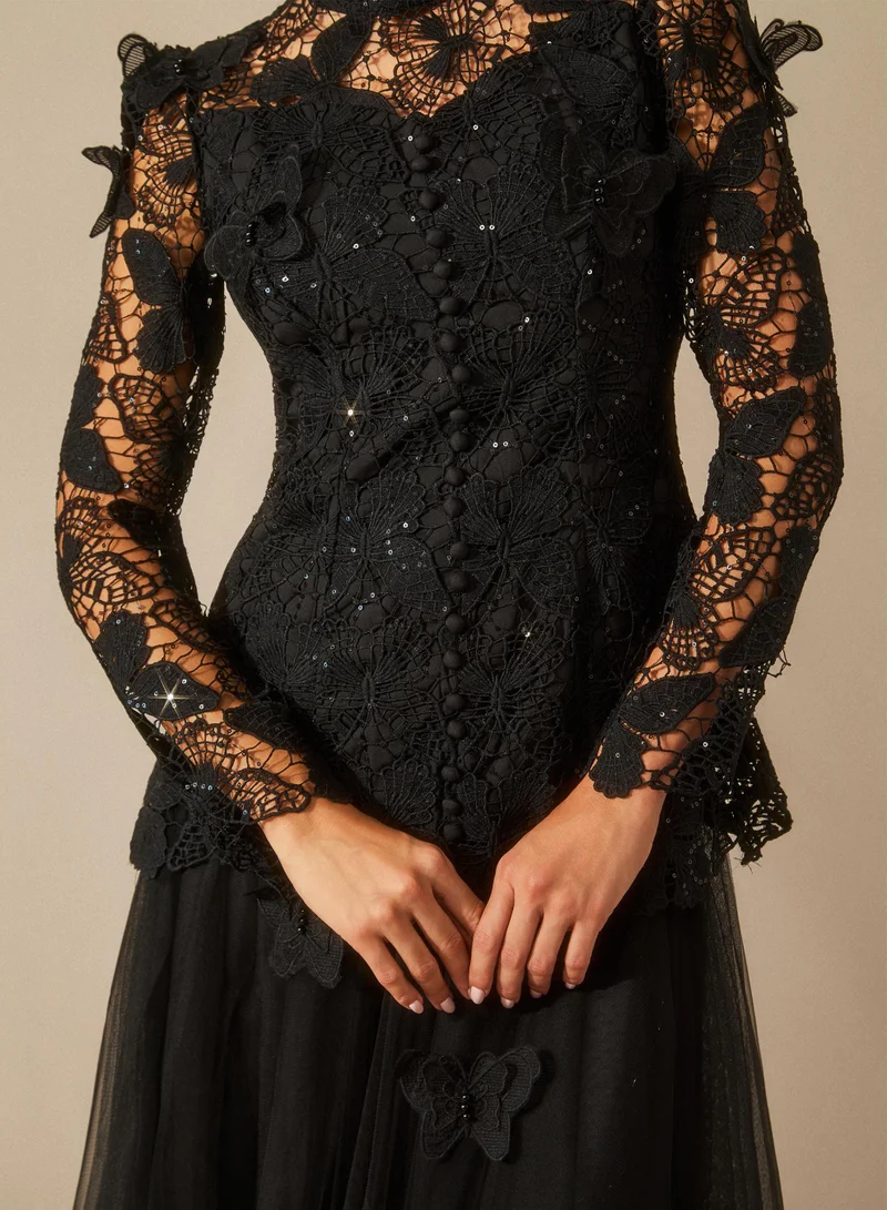 Sunfere Black Elizabeth Butterfly Embroidered Lace Maxi Dress for Women | Best Price UAE