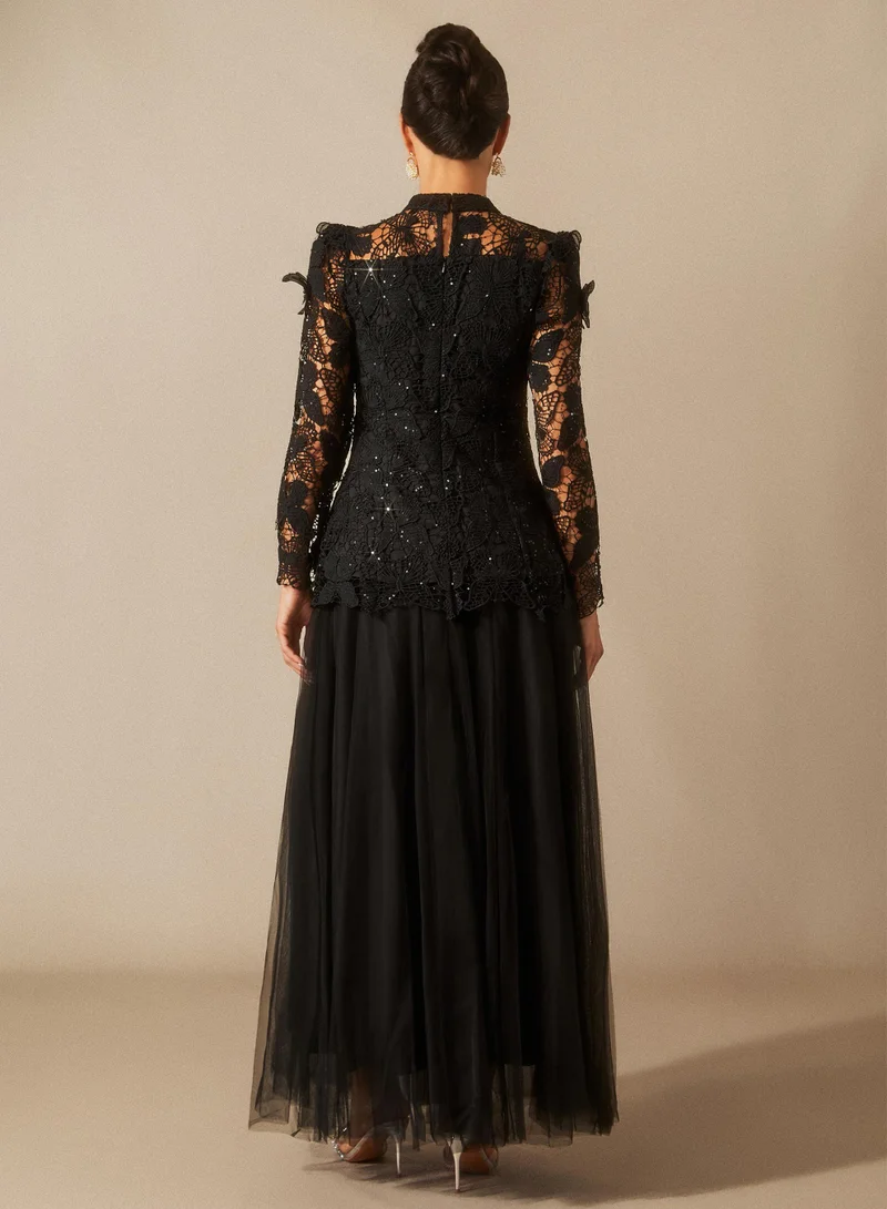 Sunfere Black Elizabeth Butterfly Embroidered Lace Maxi Dress for Women | Best Price UAE