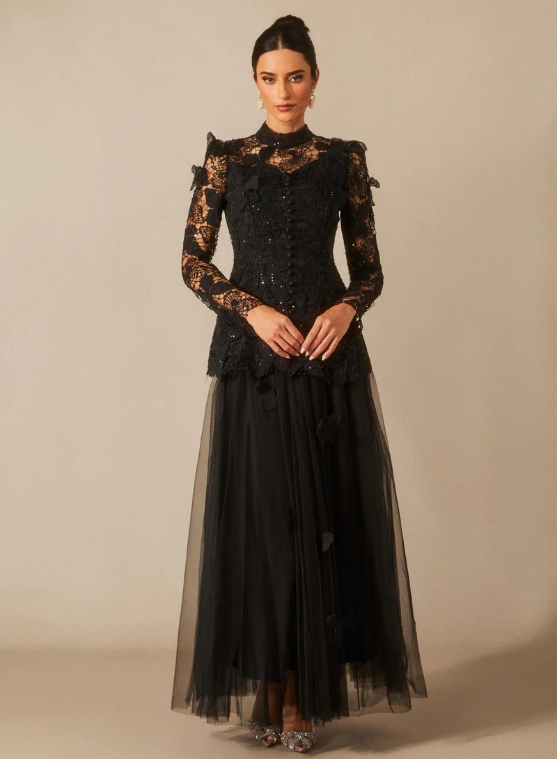 Sunfere Black Elizabeth Butterfly Embroidered Lace Maxi Dress for Women | Best Price UAE