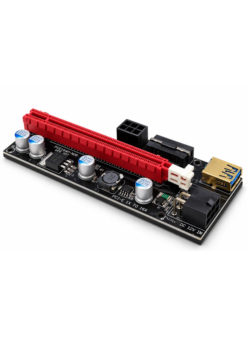 طقم وصلة تمديد (Riser) من PCI-E 1X إلى 16X لتعدين العملات الرقمية (GPU) – لوحة تمديد لبطاقة الرسوميات مزودة بمصدر طاقة، وكابل USB 3.0، ومحول طاقة من SATA إلى 6-Pin، ومكثفات صلبة، وبطاقة محول PCIe؛ مخصصة لمنصات التعدين وأجهزة الكمبيوتر المكتبية. - Image 4
