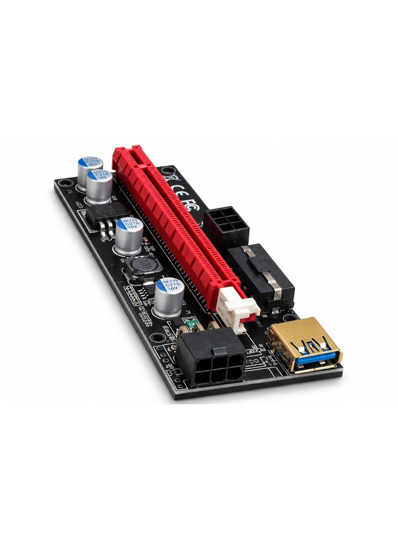 طقم وصلة تمديد (Riser) من PCI-E 1X إلى 16X لتعدين العملات الرقمية (GPU) – لوحة تمديد لبطاقة الرسوميات مزودة بمصدر طاقة، وكابل USB 3.0، ومحول طاقة من SATA إلى 6-Pin، ومكثفات صلبة، وبطاقة محول PCIe؛ مخصصة لمنصات التعدين وأجهزة الكمبيوتر المكتبية. - Image 1
