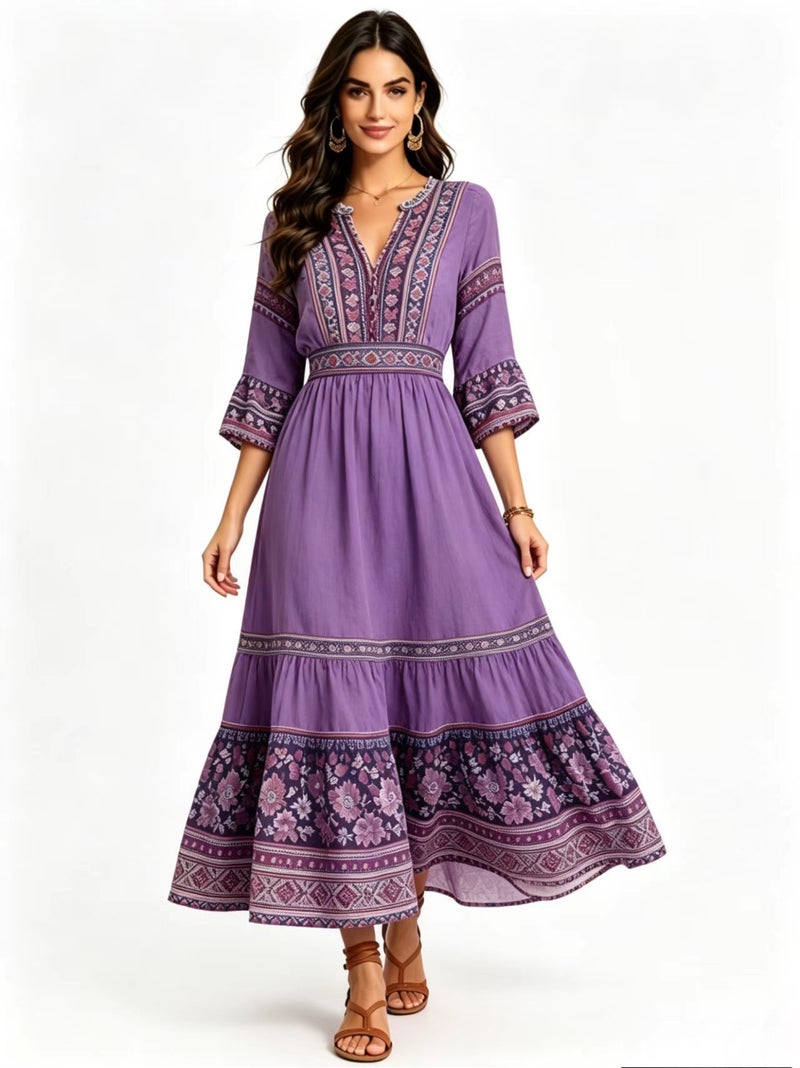 Oil Painting Floral Print V-Neck Mid-Length Sleeve Flared Dress - Image 5