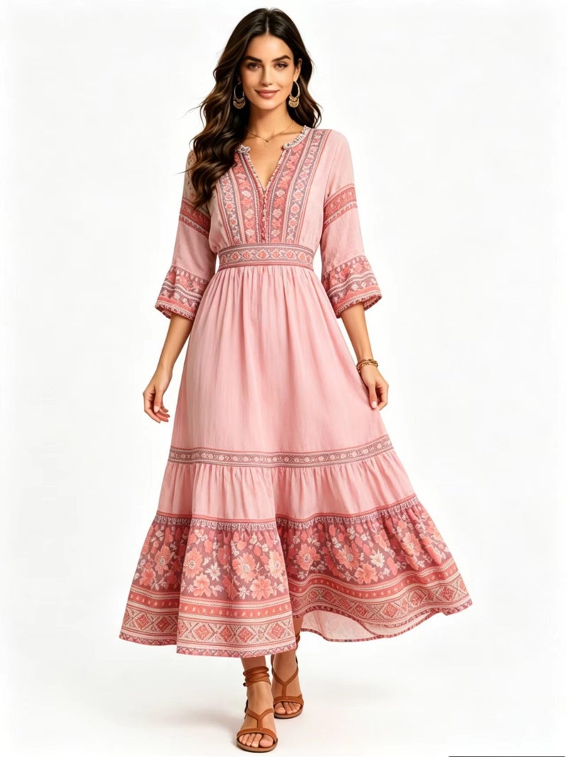 Oil Painting Floral Print V-Neck Mid-Length Sleeve Flared Dress - Image 1
