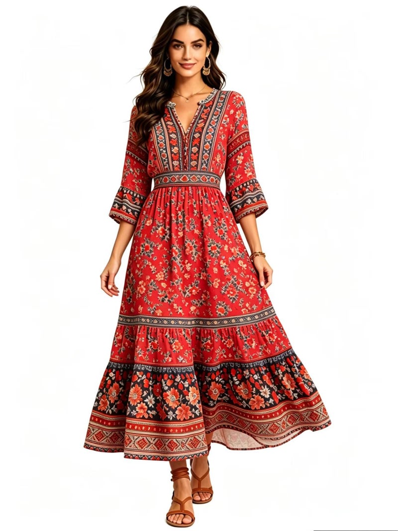 Oil Painting Floral Print V-Neck Mid-Length Sleeve Flared Dress - Image 4