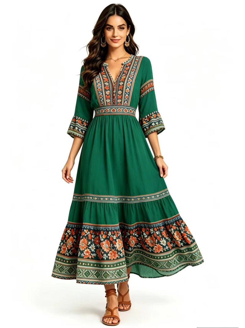 Oil Painting Floral Print V-Neck Mid-Length Sleeve Flared Dress - Image 2