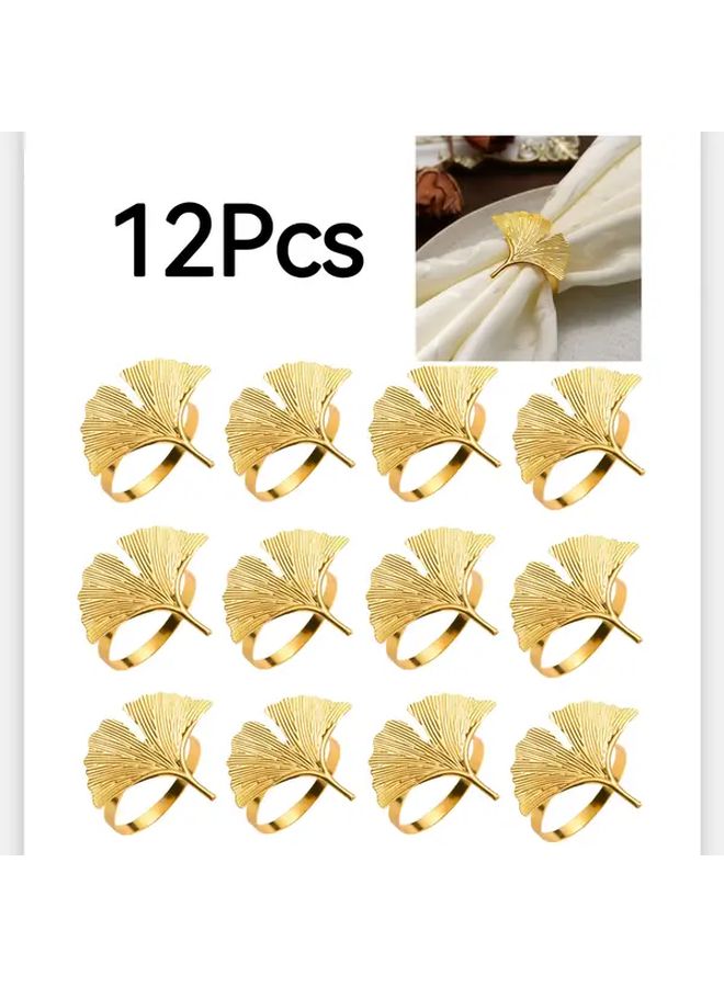 Golden 12pcs Metal Ginkgo Leaf Napkin Rings Decor Tableware for Wedding Farmhouse Events - Image 1