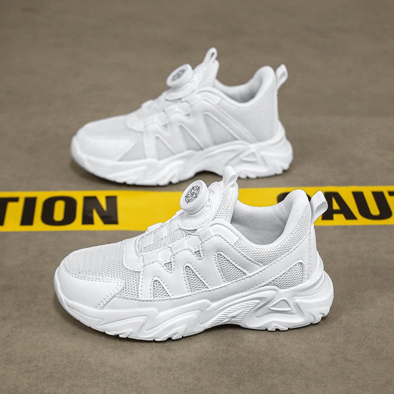 Boys Shoes White Shoes Mesh Breathable Rotating Button Children'S Leather Waterproof Sneaker - Image 1