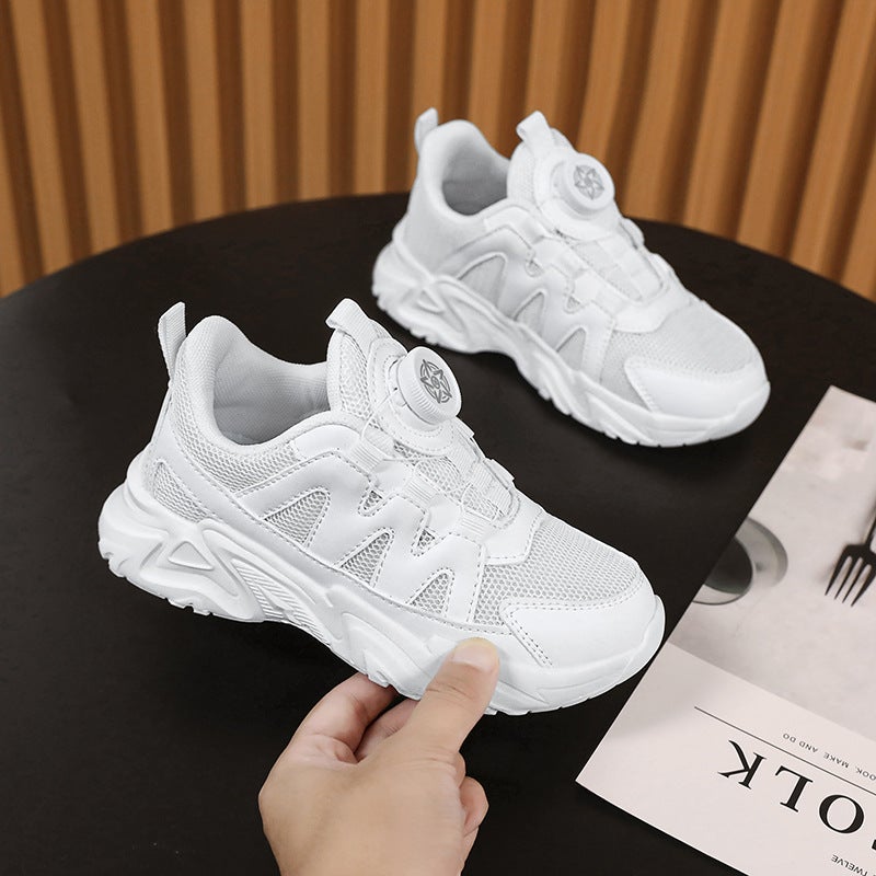 Boys Shoes White Shoes Mesh Breathable Rotating Button Children'S Leather Waterproof Sneaker - Image 4