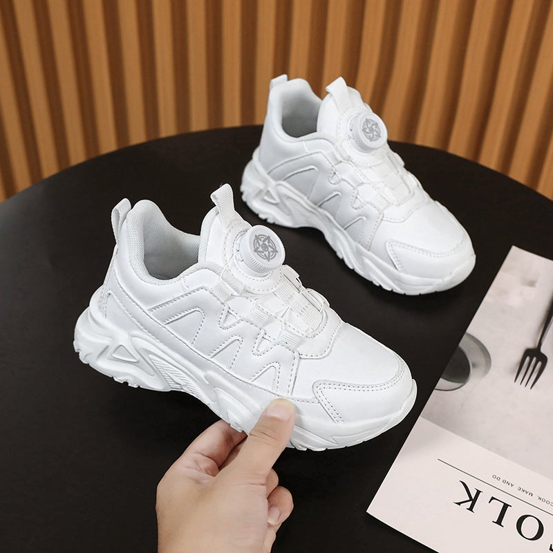 Boys Shoes White Shoes Mesh Breathable Rotating Button Children'S Leather Waterproof Sneaker - Image 3