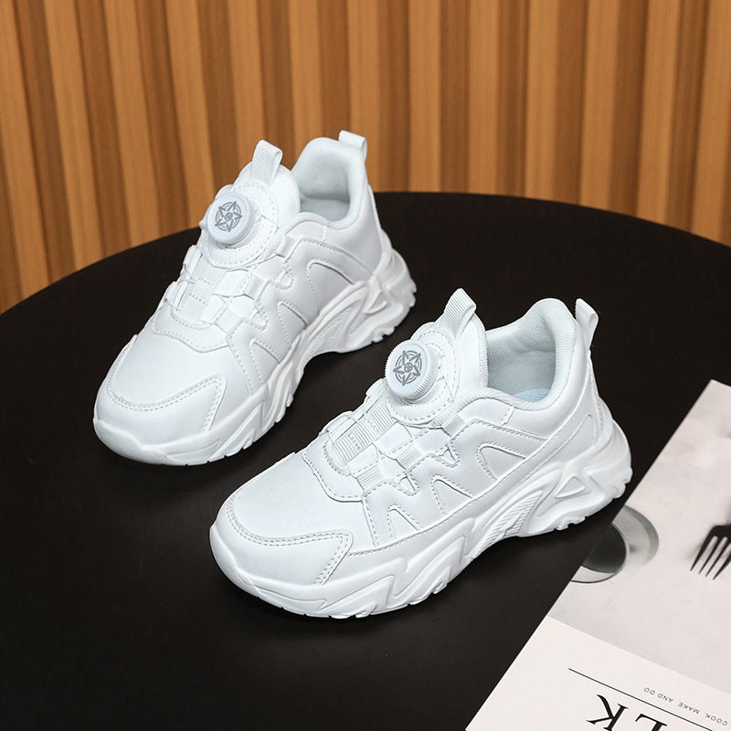 Boys Shoes White Shoes Mesh Breathable Rotating Button Children'S Leather Waterproof Sneaker - Image 2