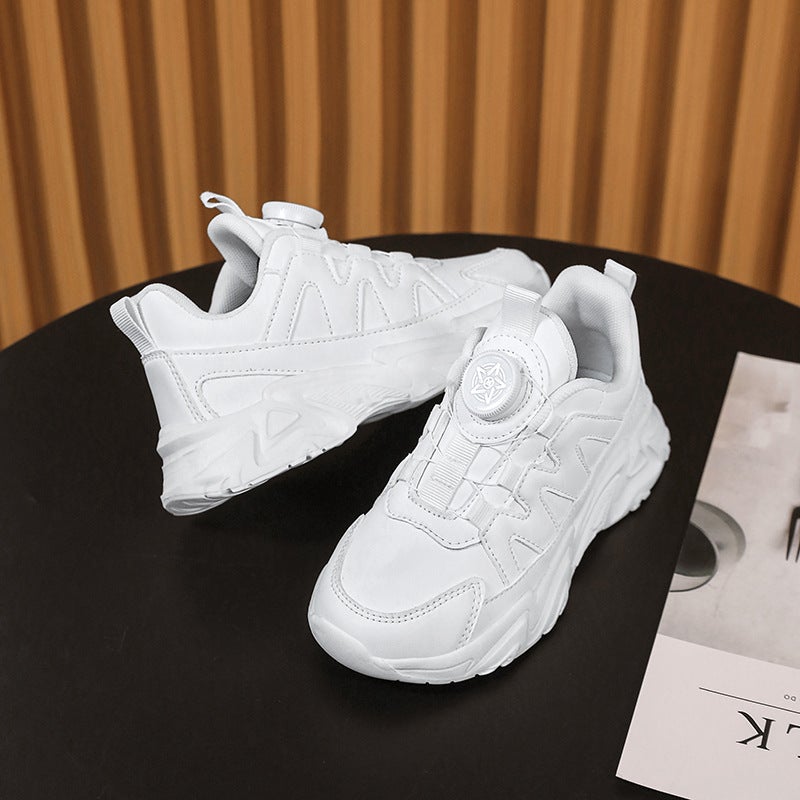 Boys Shoes White Shoes Mesh Breathable Rotating Button Children'S Leather Waterproof Sneaker - Image 5