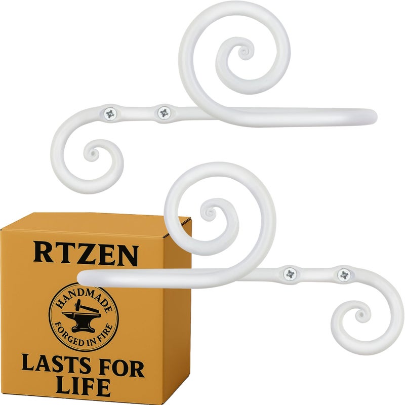 RTZEN Decorative Metal Curtain Tiebacks - Farmhouse Wrought Iron Curtain Holdbacks - Drapery Holders for Wall - Unique Metal Tie Backs for Curtains - 2 Pcs (White Swirly) - Image 1
