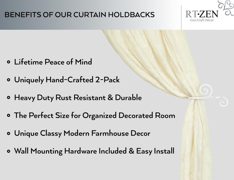 RTZEN Decorative Metal Curtain Tiebacks - Farmhouse Wrought Iron Curtain Holdbacks - Drapery Holders for Wall - Unique Metal Tie Backs for Curtains - 2 Pcs (White Swirly) - Image 2