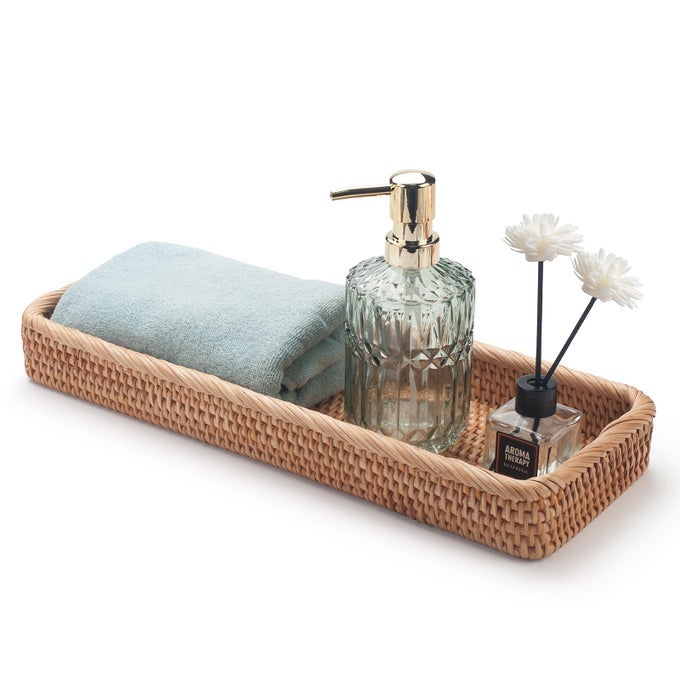 RATTAN BATHROOM VANITY TRAYS TOILET TANK BASKETS LONG NARROW HAND TOWEL STORAGE BASKET FOR STORAGE DECORATIVE NATURAL 163 X 61 X 2 INCH