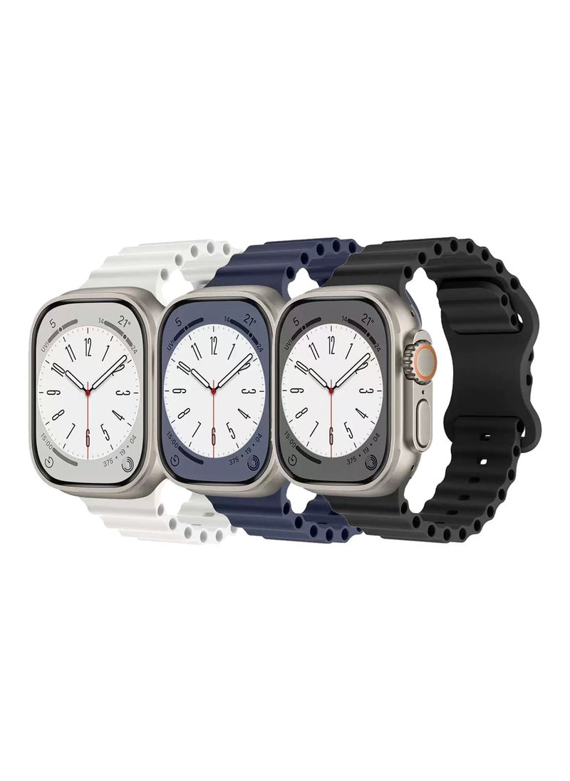DKNG - 3 Pack Ocean Strap Compatible Apple Strap Ultra 2, 42mm/44mm/45mm/49mm Men's & Women's, Wave Silicone Sport Band with iWatch Ultra 2/1 Series 10/9/8/7/6/5/4/3/2/1 SE White/Blue/Black - Image 1