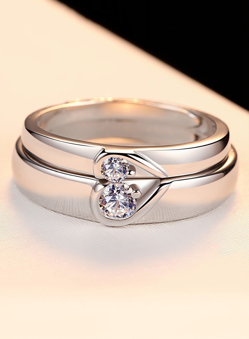 A Pair of 925 Sterling Silver Adjustable Couple Rings Double Heart Matching Bands for Him and Her Perfect for Engagement Wedding Day Anniversary or Daily Wear - Image 2