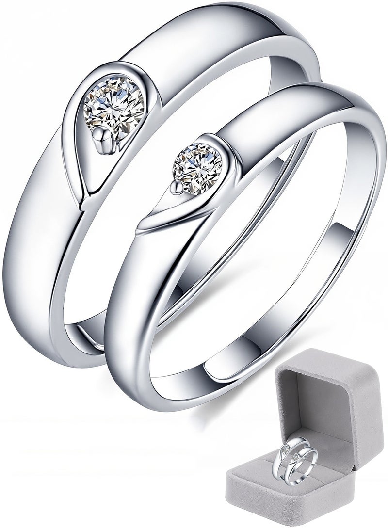 A Pair of 925 Sterling Silver Adjustable Couple Rings Double Heart Matching Bands for Him and Her Perfect for Engagement Wedding Day Anniversary or Daily Wear - Image 1