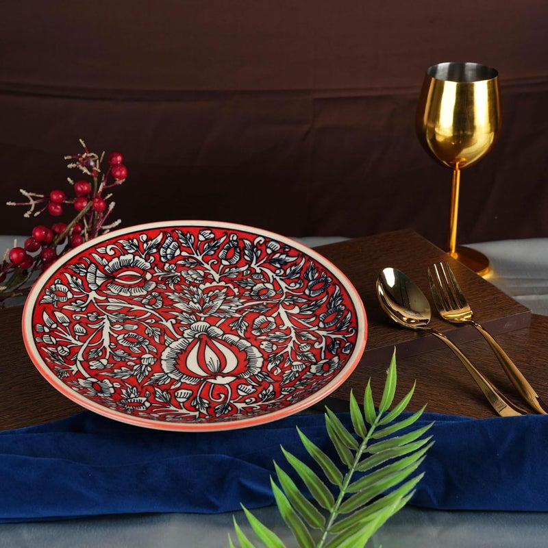 Caffeine Ceramic Handmade Stoneware Red Mughal Dinner Plates10 inch Set of 2 Ceramic Plates for Dinner (Microwave & Dishwasher Safe) - Image 3