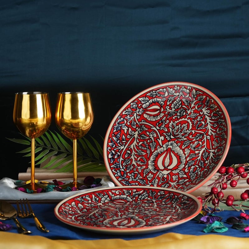 Caffeine Ceramic Handmade Stoneware Red Mughal Dinner Plates10 inch Set of 2 Ceramic Plates for Dinner (Microwave & Dishwasher Safe) - Image 1